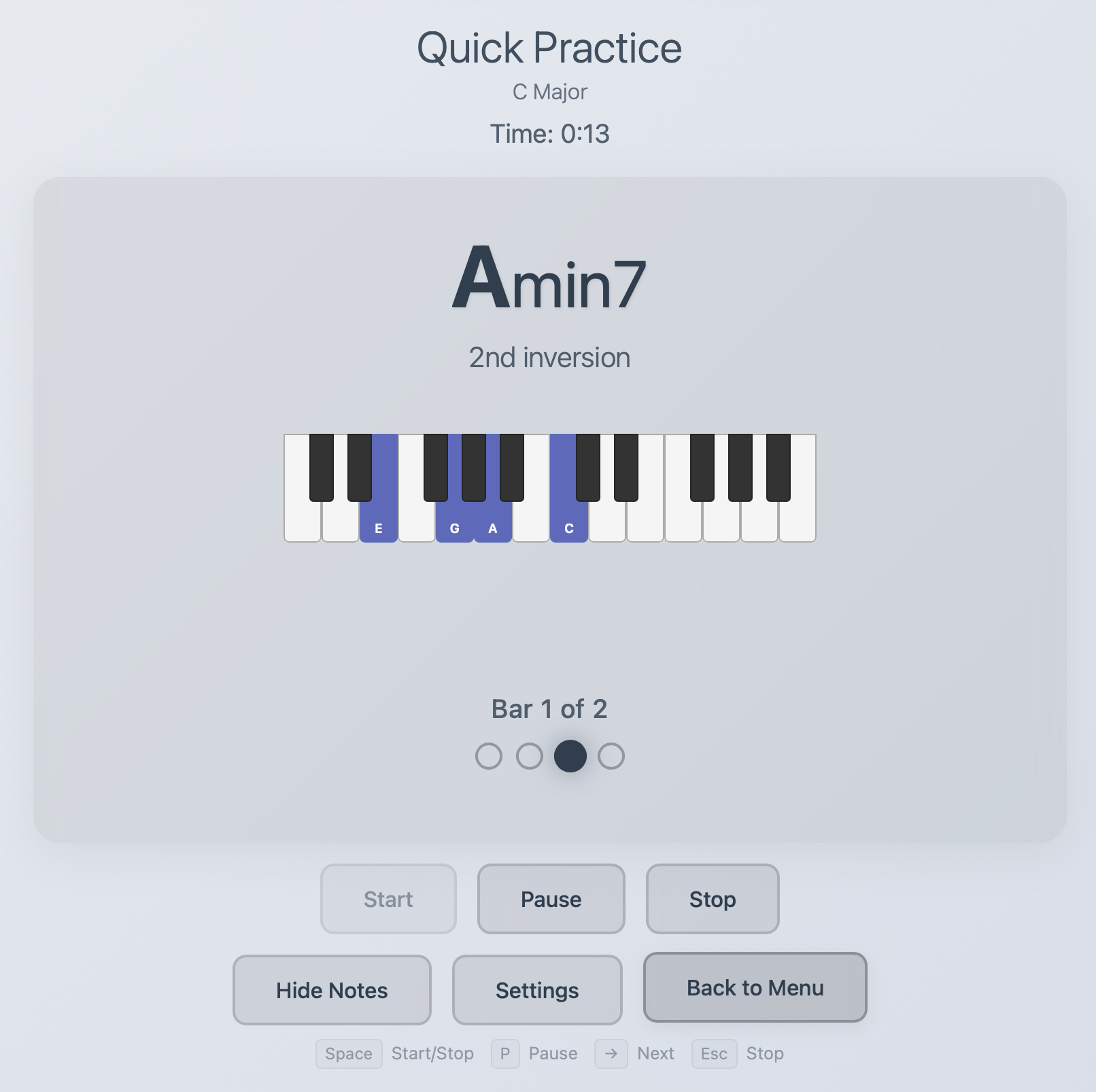 ChordPractice showing Amin7 chord with piano keyboard assist