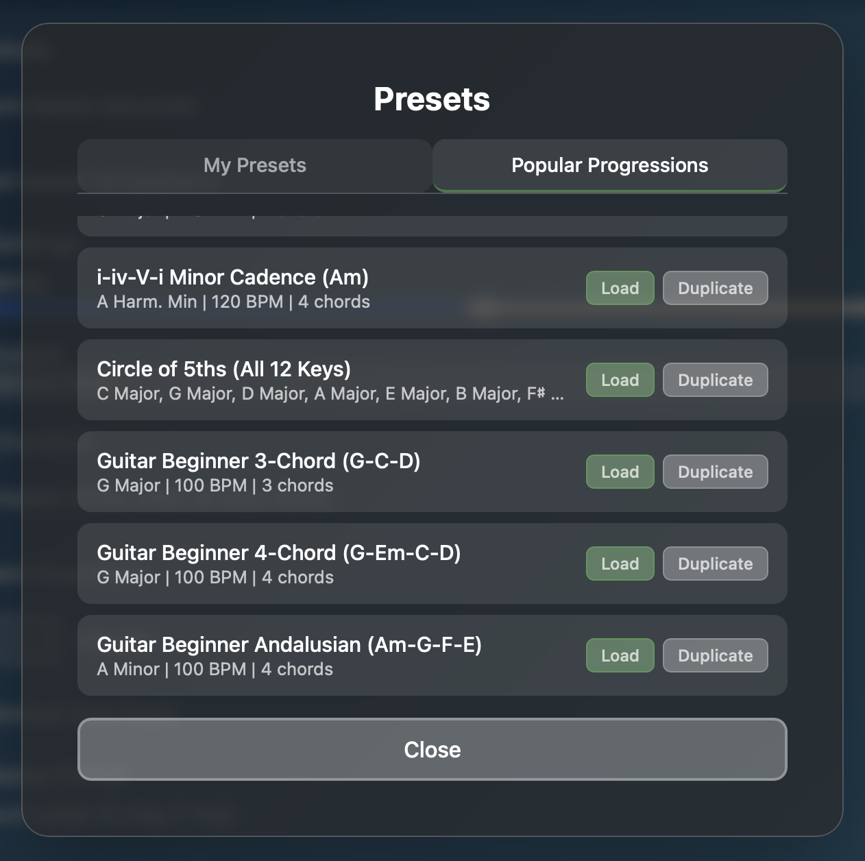 Preset manager showing popular progressions